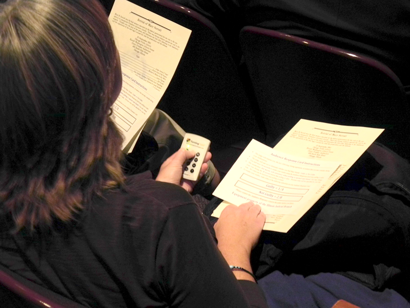 A photograph of an audience member voting during the retrial of Mary Surratt.