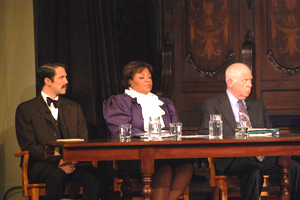 A photograph of Zach Kenney as Robert Lincoln with his attorneys, Hon. Erica Reddick and Hon. Warren Wolfson, Chicago September 2012