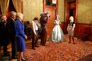 A photograph of Mira Horoszowski (far right) with “Mary Lincoln” at Culture of Clothing, Chicago