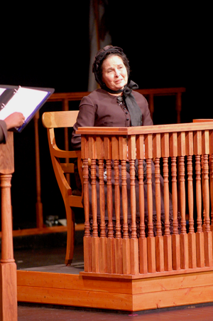 A photo of Pam Brown portraying Mary Lincoln at the retrial.