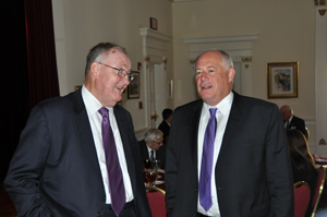 A photo of governors Jim Thompson and Pat Quinn at the Executive Mansion in Springfield.