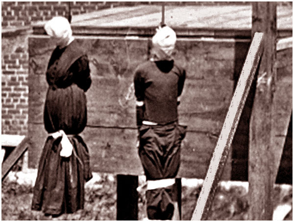 Photograph of hanged bodies of two of the conspirators, Mary Surratt on left.
