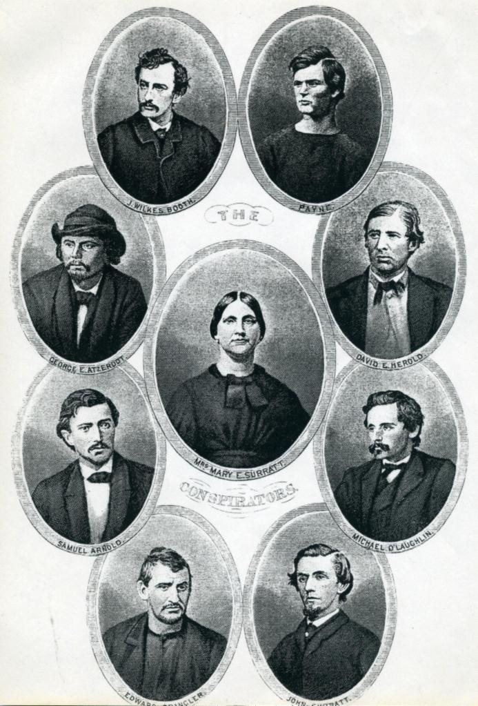 a poster portraying a collection of portraits of the conspirators, with Mary Surratt at center