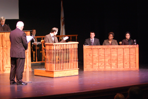 A photo of the Insanity Retrial where Hon. Ron Spears interrogates Zach Kenney as Robert Lincoln, Springfield October 2012