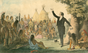 A painting of Joseph Smith speaking to Native Americans.